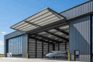 Large cold-formed steel (CFS) aircraft hangar by Buildway featuring dark gray metal siding, a wide hydraulic door, and a small jet parked inside under clear blue skies.