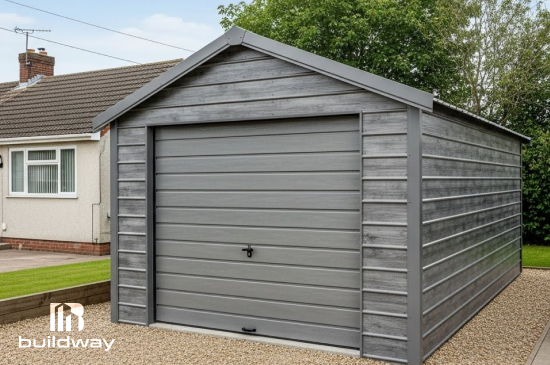 Compact steel garage kit assembled beside a residential home, featuring gray metal siding and a single roll-up door on a gravel foundation.
