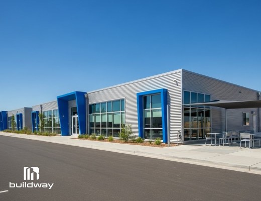 Modern commercial steel building with large glass windows and blue architectural accents. The structure showcases a sleek, energy-efficient design ideal for offices or business facilities.