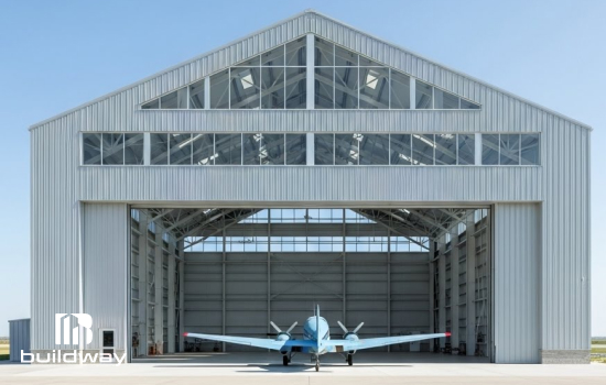 Large steel aircraft hangar built with I-beam framing, featuring wide open doors, high ceilings, and a parked airplane inside, showcasing Buildway’s durable and spacious steel structure design.
