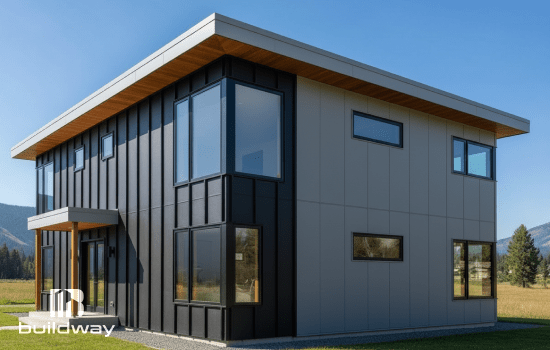 Modern two-story cold-formed steel (CFS) building by Buildway featuring a sleek design with black and beige exterior panels, large windows, and a flat overhanging roof, set in a scenic outdoor area.