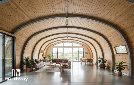 Modern Quonset-style interior by Buildway featuring a curved wooden ceiling, large windows, and an open living space with plants, seating, and natural light.