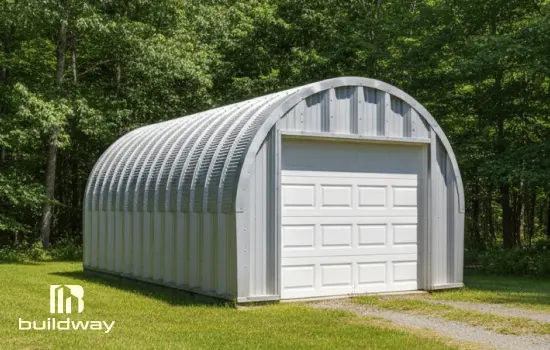 Compact Buildway Quonset Mini model with a curved steel structure, white metal panels, and a single garage door, surrounded by green grass and trees.