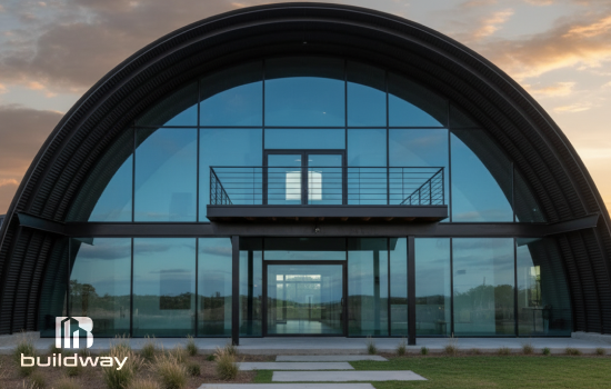 Modern Buildway Quonset Q model with a large arched black steel frame, full glass front façade, upper balcony, and reflective windows under a sunset sky.