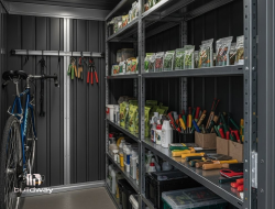 Interior view of a metal storage shed organized with shelves of gardening tools, supplies, and a bicycle, built by Buildway. The layout showcases efficient residential storage and workshop design.