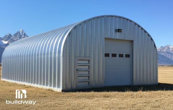 Buildway Quonset Q model steel building with a fully arched galvanized metal structure, large garage door, side entry door, and mountain landscape in the background.