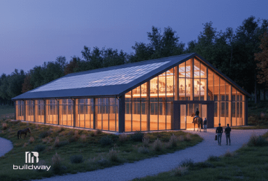 Illuminated steel riding arena at dusk, designed for safe, spacious, and weather-resistant horse training year-round.