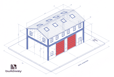 Blueprint drawing of a two-story Buildway steel workshop design, featuring dual large red doors, multiple windows, and a sloped roof for a durable and spacious workspace layout.