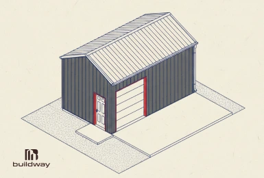 Architectural blueprint illustration of a small custom steel garage with a gable roof, single roll-up door, and side entry, designed for simple and efficient use.