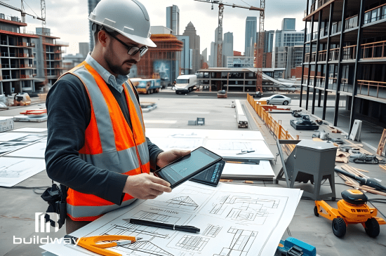 Construction professional reviewing blueprints and project plans on a tablet at an active job site.