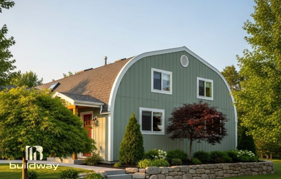 Modern Quonset-style home by Buildway with a curved roof design, green metal siding, and landscaped garden surrounded by trees in a suburban setting.