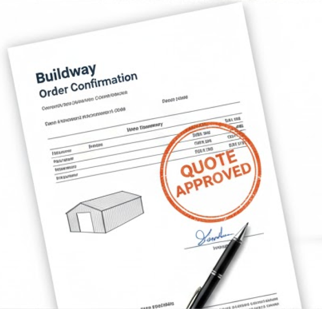 What Happens After You Request a Quote from Buildway? 4 Buildway order confirmation document stamped with “Quote Approved,” representing the step where customers finalize and approve their steel building quote.
