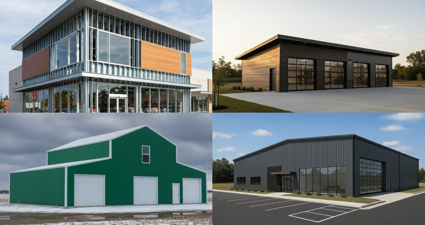 Cold-Formed vs I-Beam vs Quonset: Which Steel Building Is Best for Your Project? 4 Examples of completed steel buildings showing different applications of Cold-Formed vs I-Beam vs Quonset construction styles.