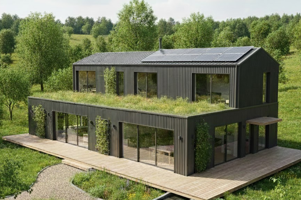 Eco-friendly steel home with solar panels and a green roof surrounded by lush greenery.