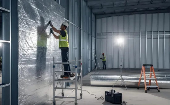 Construction workers installing a reflective vapor barrier or insulation material on the interior metal stud wall of a large, unfinished warehouse, illustrating how to insulate a metal building for energy efficiency.