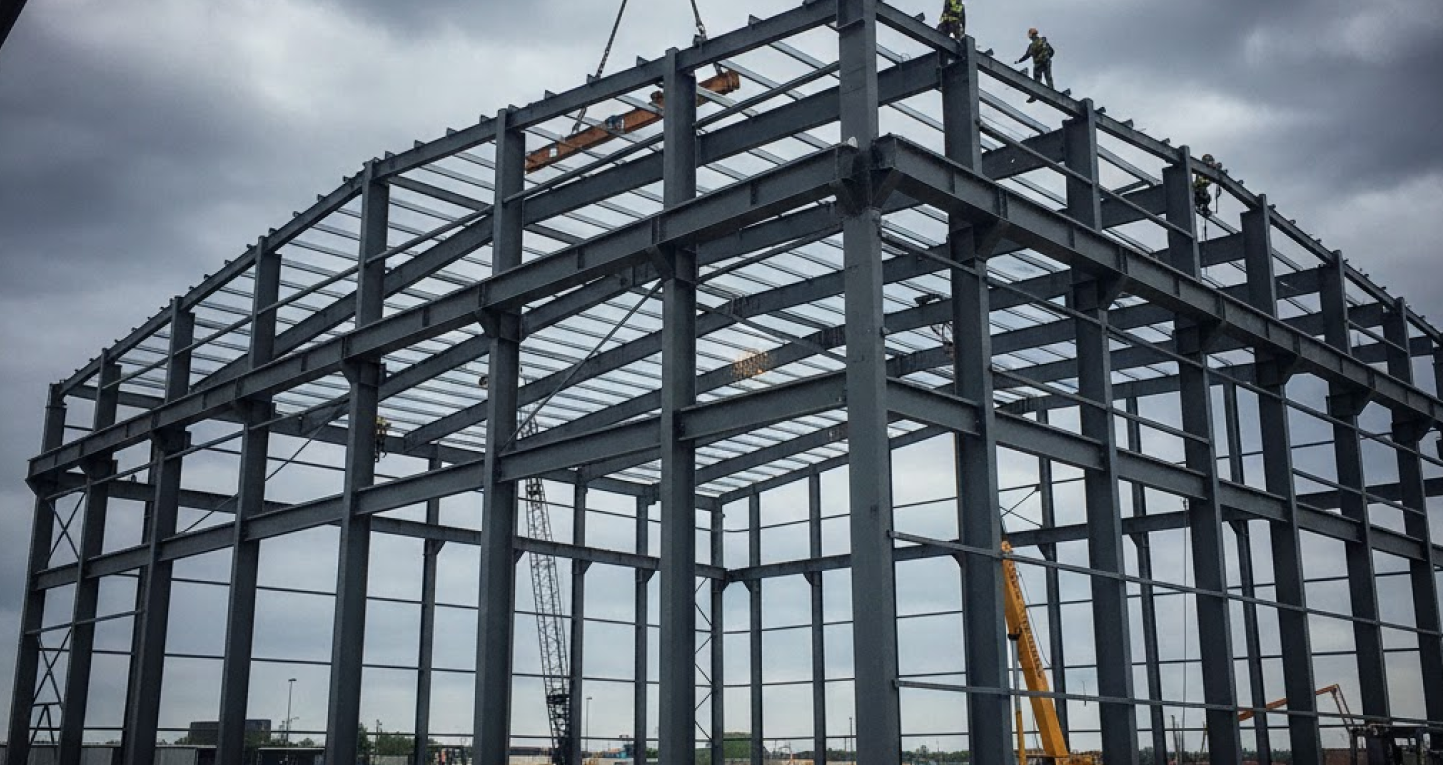 Cold-Formed vs I-Beam vs Quonset: Which Steel Building Is Best for Your Project? 2 I-beam rigid frame steel building being erected with heavy structural beams and cranes on-site.