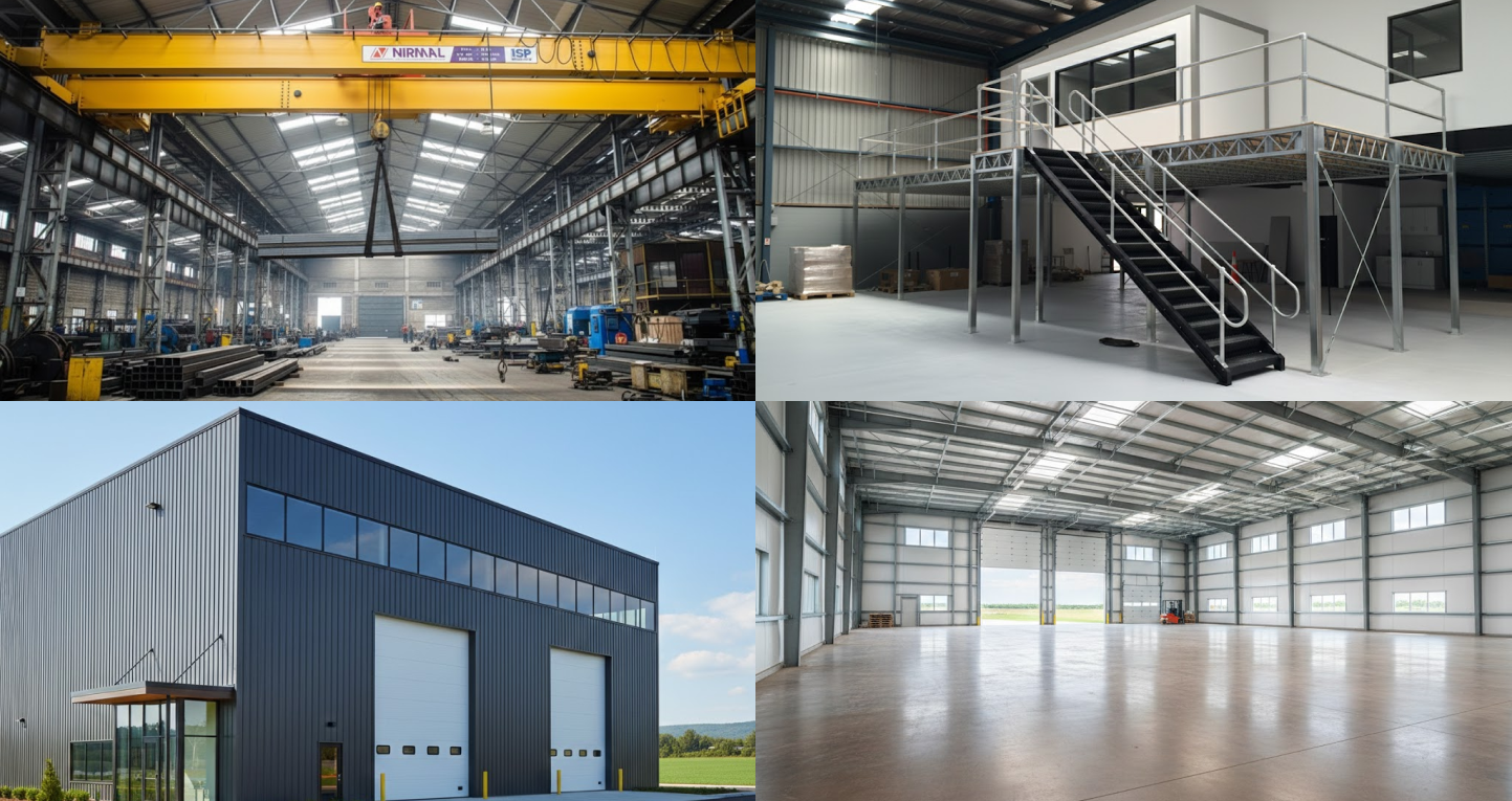 Cold-Formed vs I-Beam vs Quonset: Which Steel Building Is Best for Your Project? 5 I-beam steel building uses shown in industrial interiors, mezzanines, commercial exteriors, and wide-span warehouse spaces.