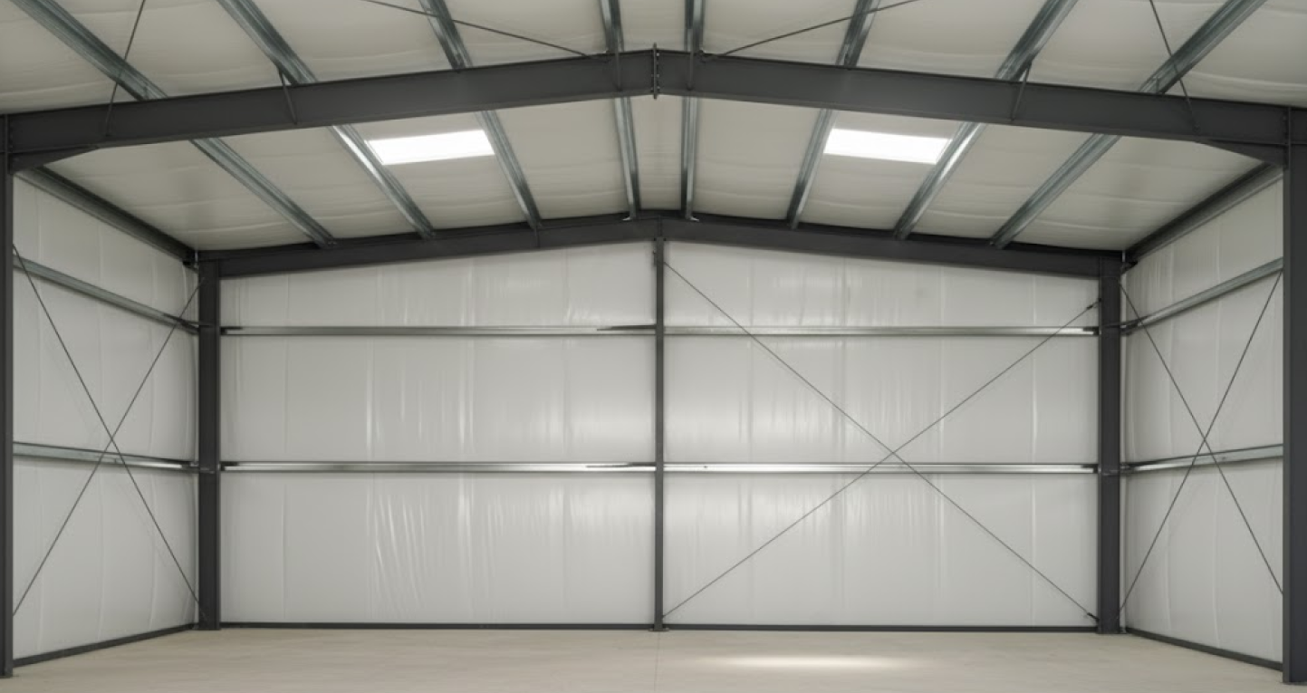 Top 10 Steel Building Accessories & Upgrades You Shouldn’t Miss During This Black Friday Sale 2 Interior of a metal structure showcasing insulated panels, framing, and steel building accessories in a clean, unfinished space.