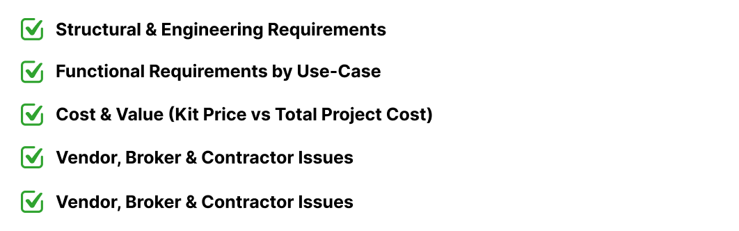 A checklist graphic highlighting key factors for choosing agricultural steel buildings, including structural needs, functional requirements, costs, and vendor considerations.