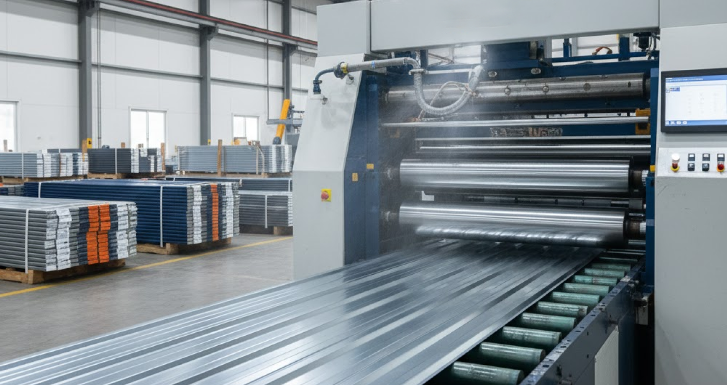 What Happens After You Request a Quote from Buildway? 5 Steel building panels being fabricated in a manufacturing facility, showing automated roll-forming equipment and stacked metal components ready for shipment.