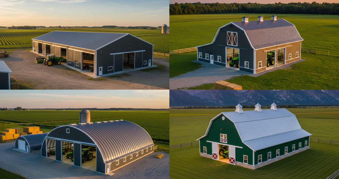 A set of four farm structures showcasing Steel Building Design Ideas, including modern metal barns and equipment storage buildings with gable, gambrel, and arch-style roofs situated across wide agricultural fields.