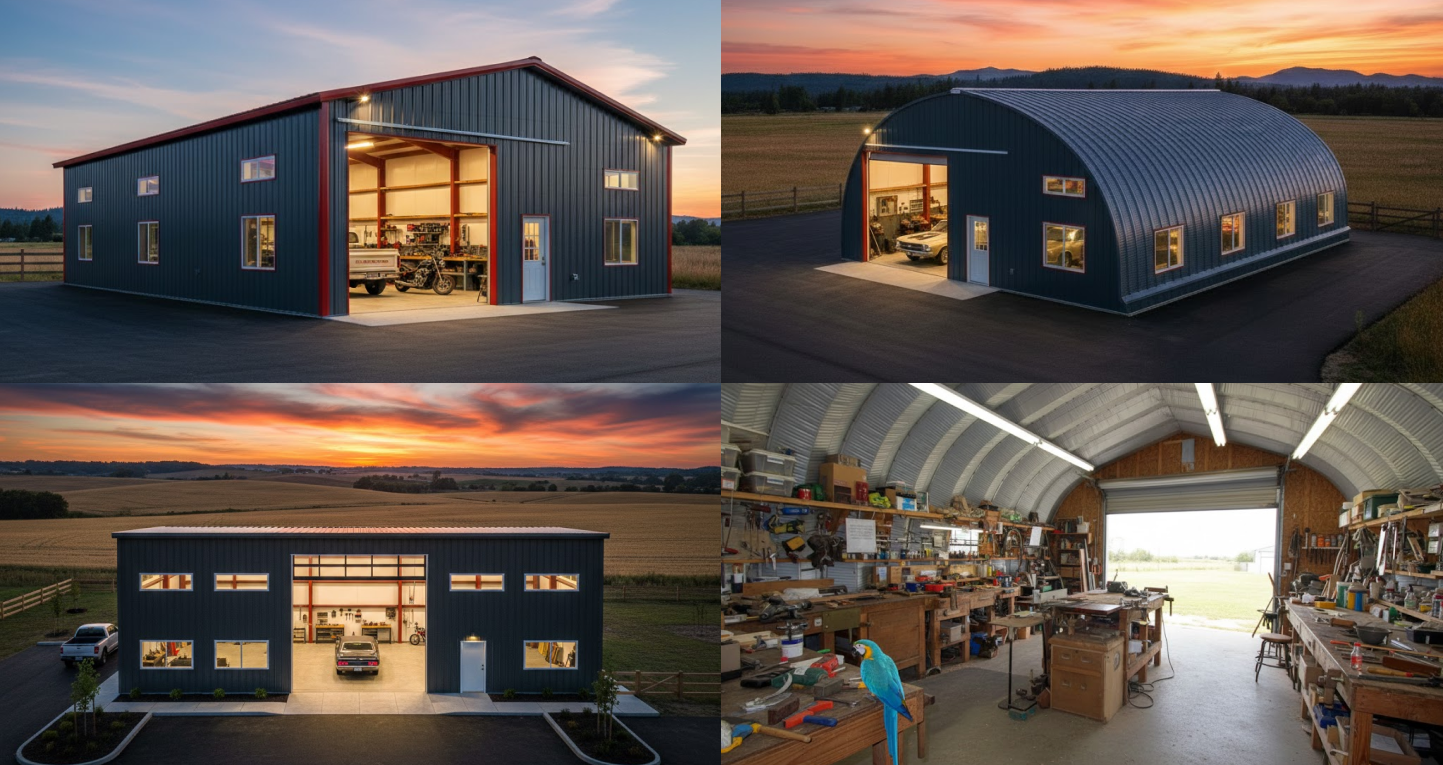A collage of steel workshop structures showcasing Steel Building Design Ideas, including gable-roof and arch-style metal buildings used for vehicle storage, fabrication, and woodworking, shown from exterior sunset views and a fully equipped interior workspace.