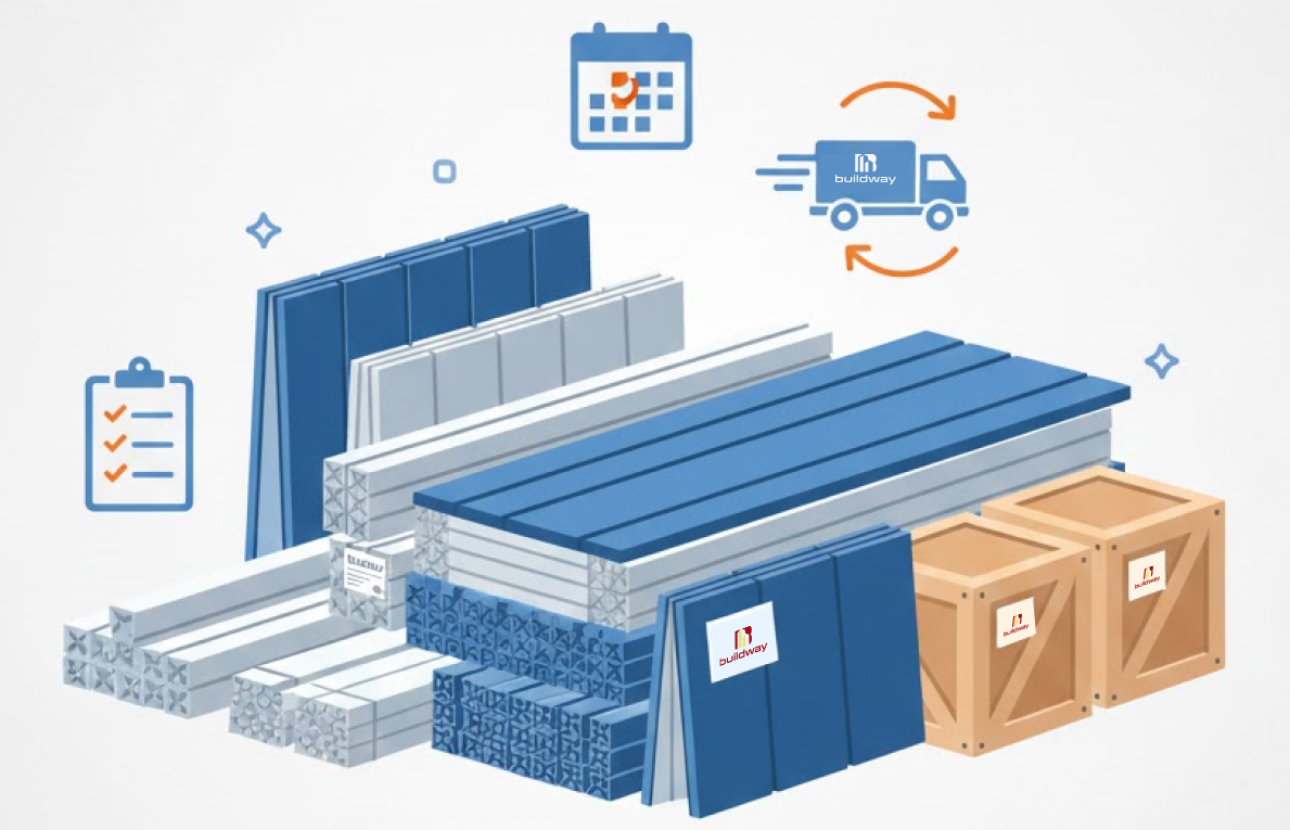 What Happens After You Request a Quote from Buildway? 6 Illustration of a Buildway metal building kit packaged for delivery with panels, framing, crates, and shipping icons representing scheduling and logistics.