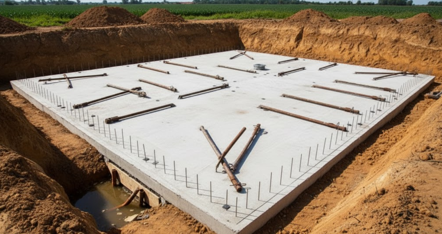 Top 10 Steel Building Accessories & Upgrades You Shouldn’t Miss During This Black Friday Sale 3 Concrete foundation slab prepared for installing steel building accessories, with anchor bolts and support points laid out across the surface.