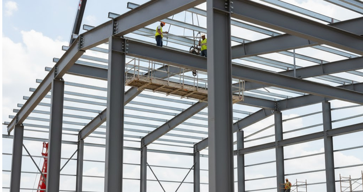 Construction workers installing steel beams on the primary structural framing of a large prefab metal building under a clear sky.