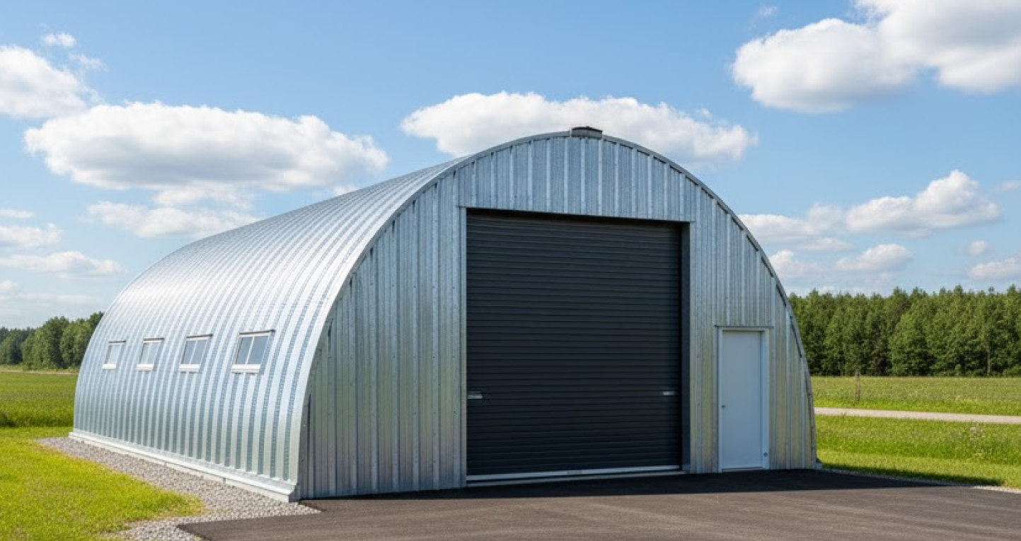 Cold-Formed vs I-Beam vs Quonset: Which Steel Building Is Best for Your Project? 3 Quonset hut steel building with arched galvanized panels and a large roll-up door in a rural setting.