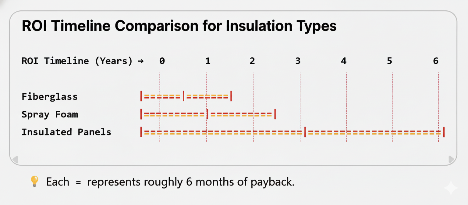 How to Insulate a Metal Building for Maximum Energy Efficiency? 2 Chart comparing the Return on Investment (ROI) timelines for three insulation types: Fiberglass (1.5 years), Spray Foam (2.5 years), and Insulated Panels (6 years).
