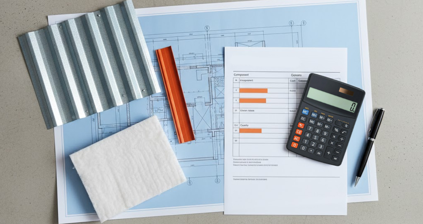 What Happens After You Request a Quote from Buildway? 3 Metal building quote materials laid out on blueprints, including panel samples, trim, insulation, a calculator, and a parts list used to prepare an itemized quote.