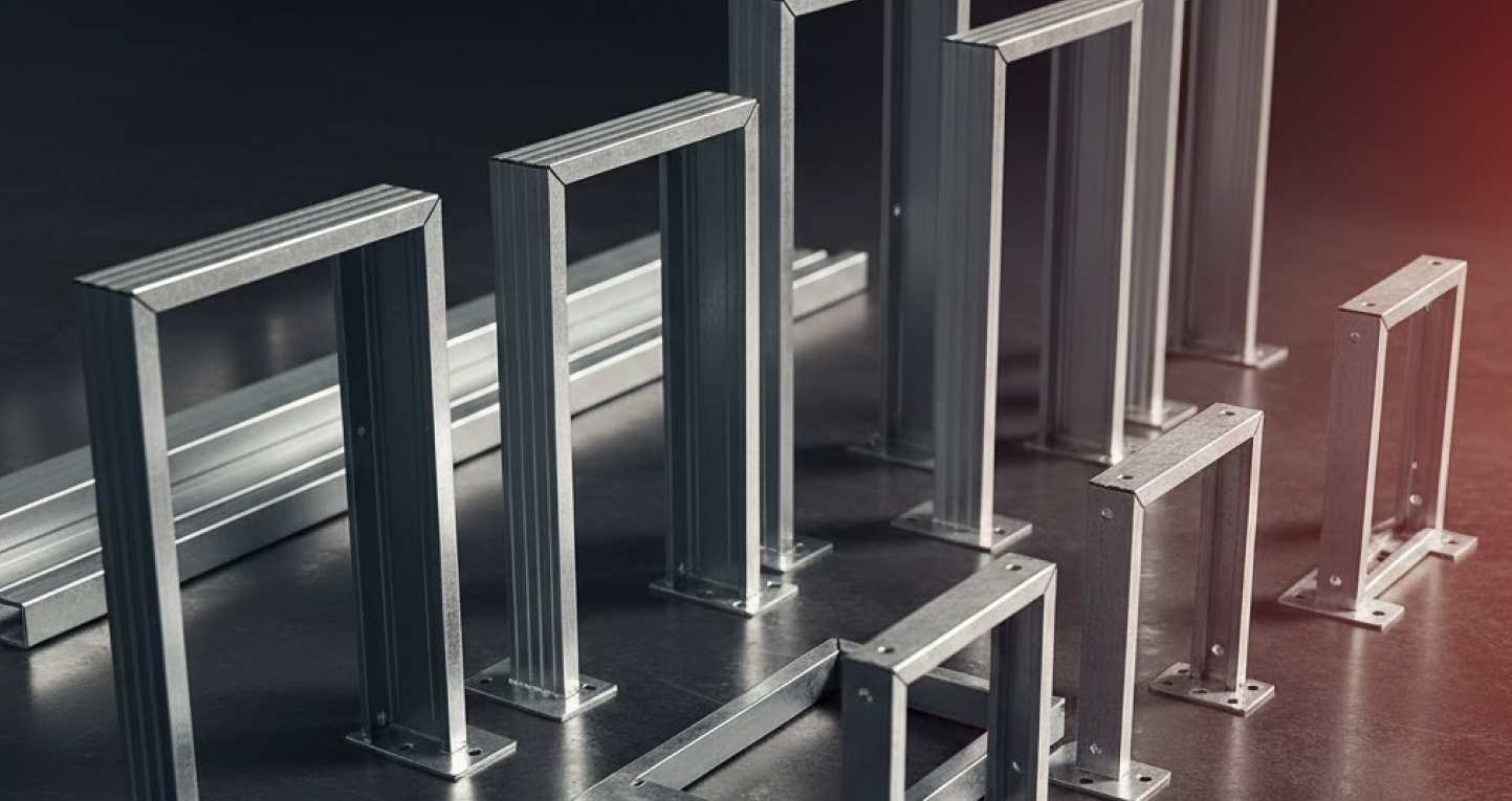 Top 10 Steel Building Accessories & Upgrades You Shouldn’t Miss During This Black Friday Sale 4 Assorted metal frames and brackets used as steel building accessories, arranged on a dark surface to show different sizes and configurations.