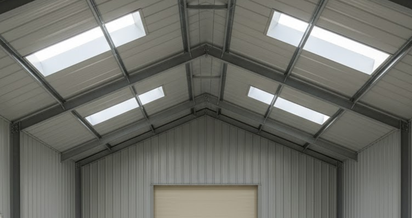 Top 10 Steel Building Accessories & Upgrades You Shouldn’t Miss During This Black Friday Sale 5 Interior view of a metal building roof featuring multiple skylights and structural framing, showcasing steel building accessories that improve natural lighting.