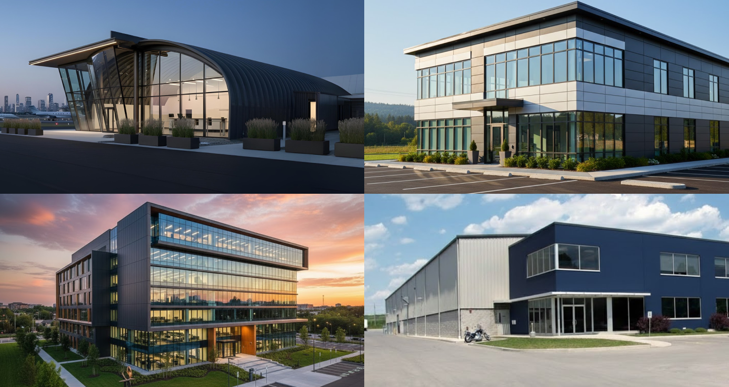 A collage of four commercial structures showcasing Steel Building Design Ideas, including a modern curved steel office, a contemporary metal-clad business building, a multi-story glass and steel corporate complex, and a large industrial steel facility.