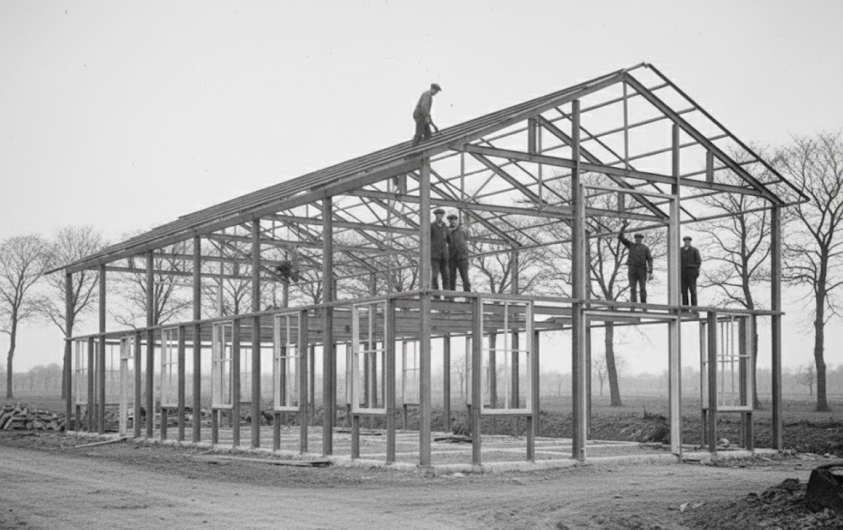 Historic photo of workers assembling a steel frame structure on an open construction site.