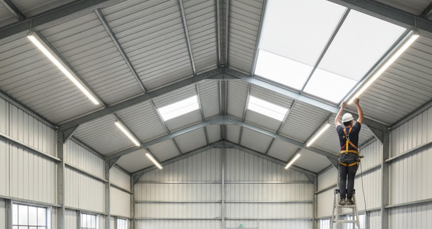 Top 10 Steel Building Accessories & Upgrades You Shouldn’t Miss During This Black Friday Sale 10 Worker installing translucent light-transmitting panels inside a metal building, highlighting steel building accessories that improve natural lighting.