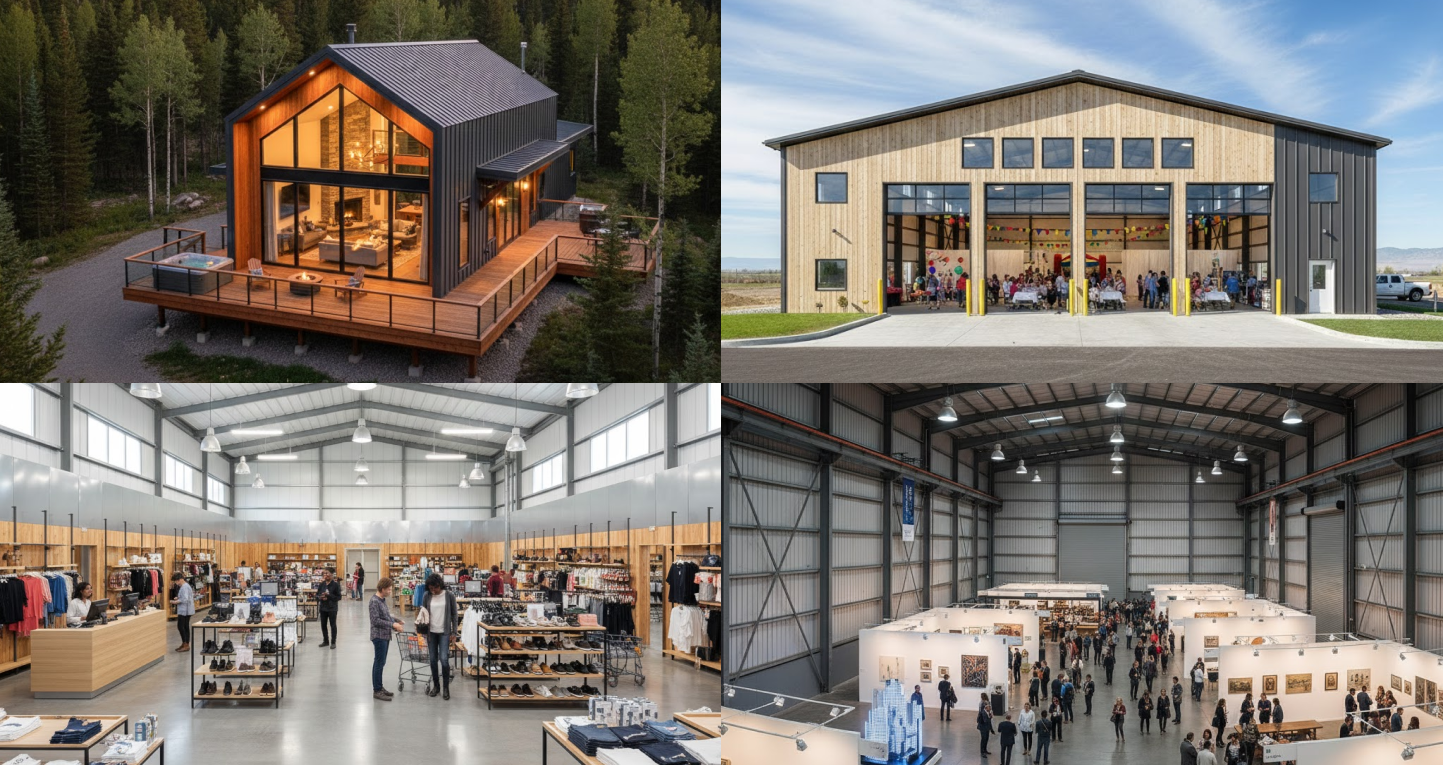 A collage of versatile structures showcasing Steel Building Design Ideas, including a modern steel cabin with a wraparound deck, a large steel-framed event hall, an open-span steel retail store interior, and a spacious steel exhibition hall filled with gallery displays and visitors.