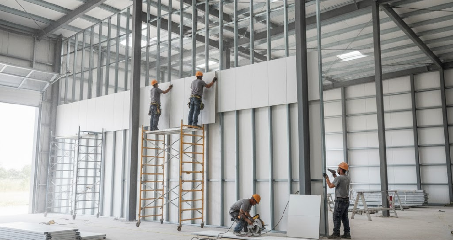 Top 10 Steel Building Accessories & Upgrades You Shouldn’t Miss During This Black Friday Sale 9 Crew installing interior wall liner panels inside a metal building, demonstrating steel building accessories used for finishing and insulation.