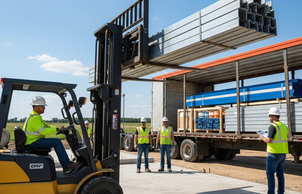 What Happens After You Request a Quote from Buildway? 7 Crew using a forklift to unload steel building components from a flatbed truck at a job site, demonstrating the equipment needed to offload a metal building kit.