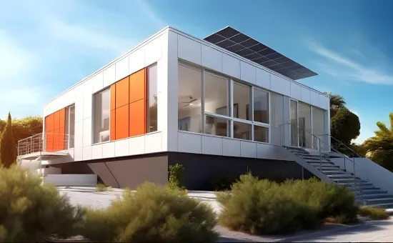 Modern residential steel building with large windows, solar panels, and a sleek design surrounded by palm trees and landscaped greenery.