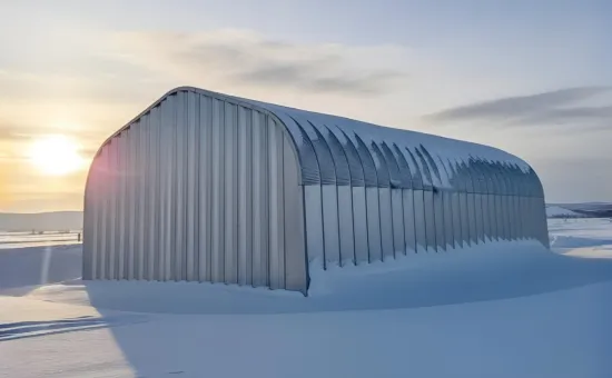 A Quonset-style building made from Galvalume Plus™ Steel stands in a snowy landscape at sunrise, with the metal panels reflecting the cold light and snow piled along the sides.