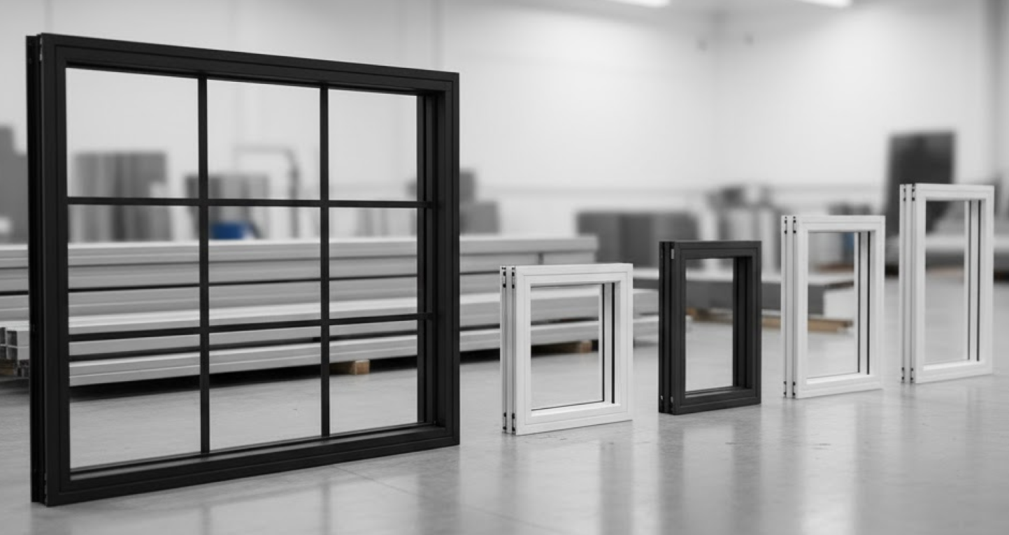 Top 10 Steel Building Accessories & Upgrades You Shouldn’t Miss During This Black Friday Sale 7 Assorted metal window frames in different sizes and finishes, displayed in a workshop to showcase steel building accessories used for structural openings.