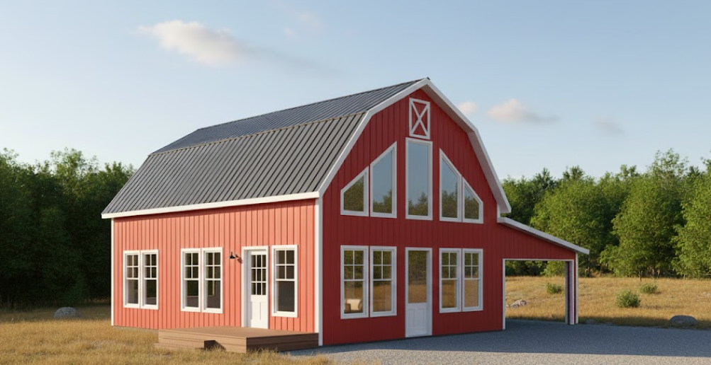 Red barn-style metal building with white trim and a dark gray roof, showcasing classic and vibrant metal building colors in a rural setting.