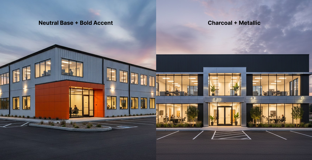 Two modern commercial buildings featuring trending metal building colors: one with a neutral base and bold orange accent, the other with a charcoal and metallic finish.