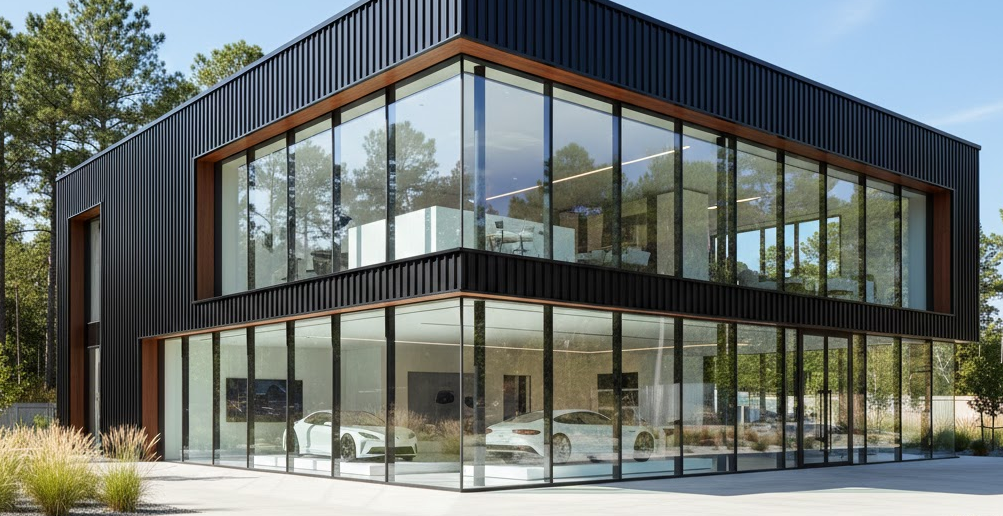 Contemporary commercial building with floor-to-ceiling glass and sleek black metal siding, illustrating bold and modern metal building colors.