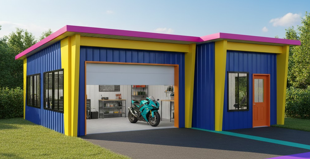 Vibrant metal building with bold blue, yellow, pink, and orange accents, showcasing playful and unconventional metal building colors.