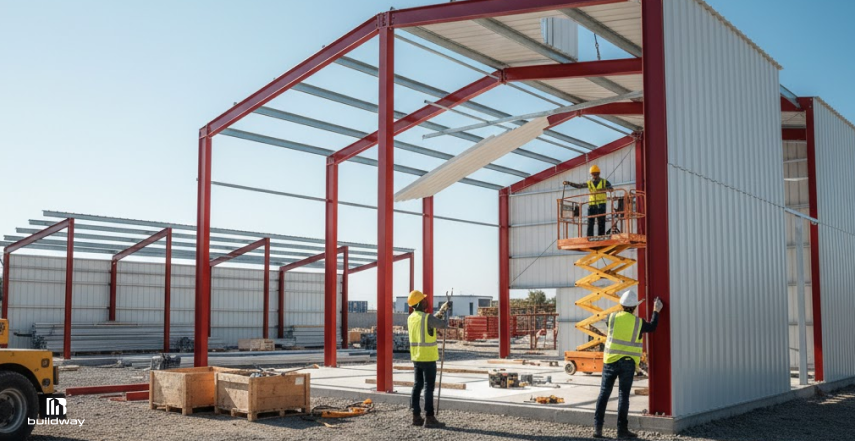 Workers wearing safety gear installing wall panels on a steel building frame at an active construction site using a scissor lift.