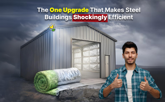 Energy efficient steel buildings featuring an insulated steel warehouse, rolled insulation material, and improved thermal efficiency design for lower energy costs.
