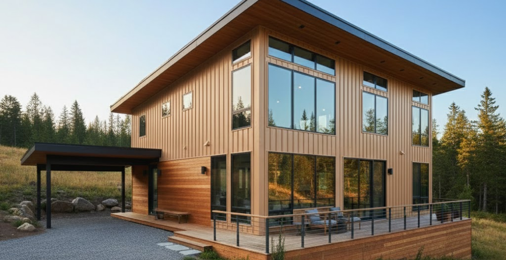 Modern two-story metal home with warm tan siding and wood accents, featuring natural-toned metal building colors in a forested landscape.